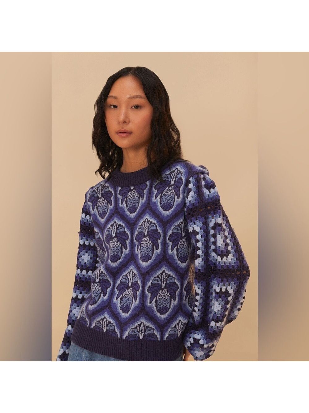 Farm Rio Blue Pinneaple Cobogo Knit Sweater